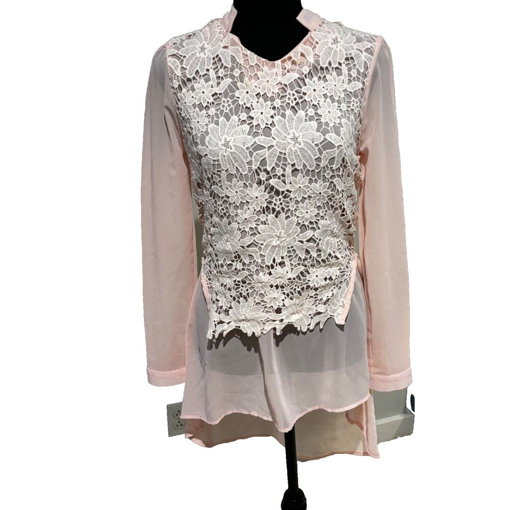 New Sz M Womens Pink sheer Lace Tuxedo Top‎ Fairy couquette whimsigoth wedding